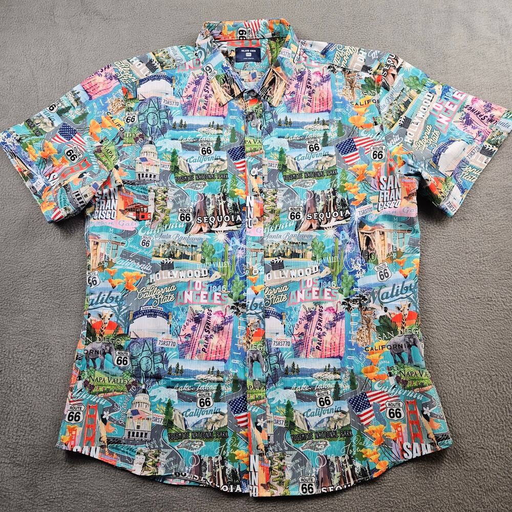 Island Crew Aloha Shirt Mens 2XL California State Print Yosemite Route 66 Travel